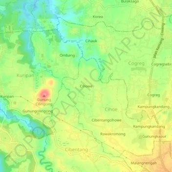 Mapa topográfico Cihowe, altitud, relieve