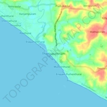 Mapa topográfico Thengapattinam, altitud, relieve