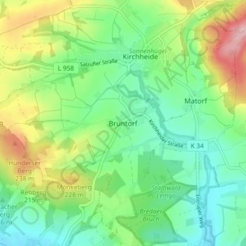 Mapa topográfico Brüntorf, altitud, relieve