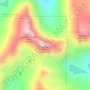 Mapa topográfico Granite Peak, altitud, relieve