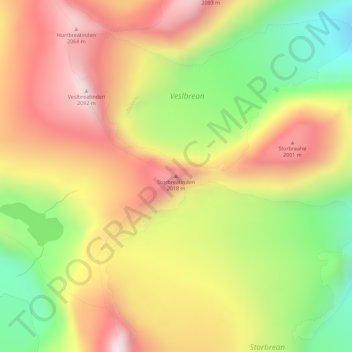 Mapa topográfico Storbreatinden, altitud, relieve