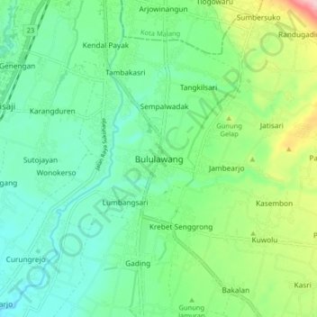 Mapa topográfico Bululawang, altitud, relieve