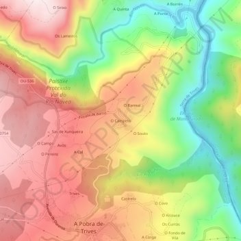 Mapa topográfico O Campelo, altitud, relieve