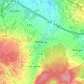 Mapa topográfico Vettelhoven, altitud, relieve