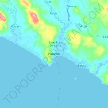 Mapa topográfico Pasacao, altitud, relieve