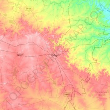 Mapa topográfico Udgir, altitud, relieve