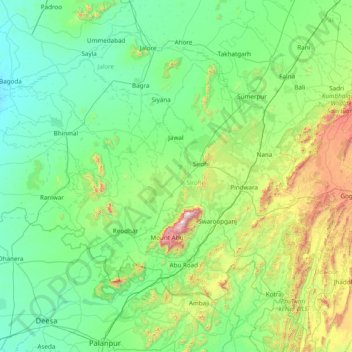 Mapa topográfico Sirohi, altitud, relieve