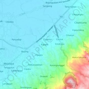 Mapa topográfico Paseh, altitud, relieve