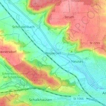 Mapa topográfico Wasserzell, altitud, relieve