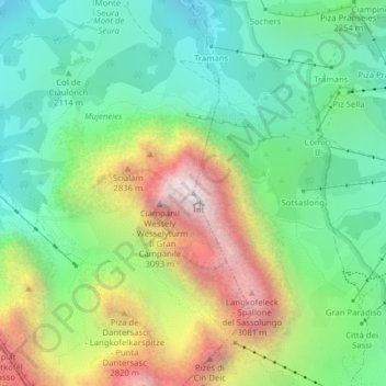 Mapa topográfico Langkofel, altitud, relieve