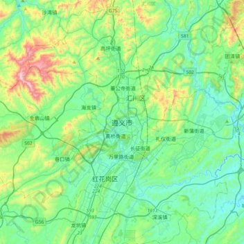 Mapa topográfico Zunyi, altitud, relieve