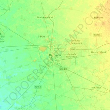 Mapa topográfico Bathinda, altitud, relieve