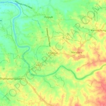Mapa topográfico Chittur, altitud, relieve