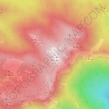 Mapa topográfico Monte Autore, altitud, relieve