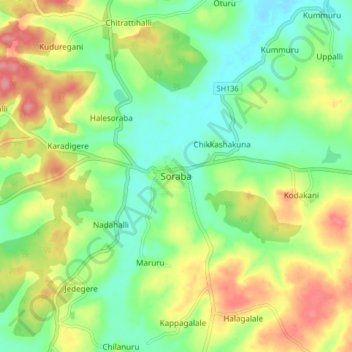 Mapa topográfico Soraba, altitud, relieve