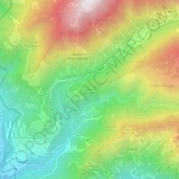 Mapa topográfico Les Adrets, altitud, relieve