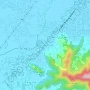 Mapa topográfico Rancamanyar, altitud, relieve