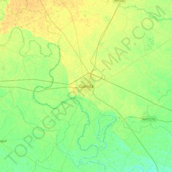 Mapa topográfico Gonda, altitud, relieve
