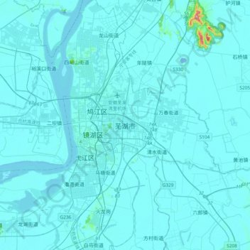 Mapa topográfico Wuhu, altitud, relieve