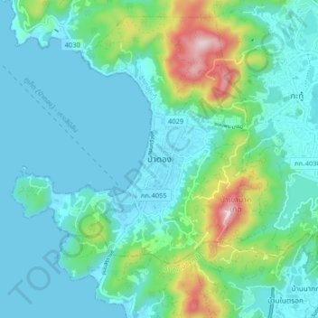 Mapa topográfico Pa Tong, altitud, relieve