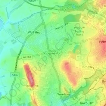 Mapa topográfico Kingswinford, altitud, relieve