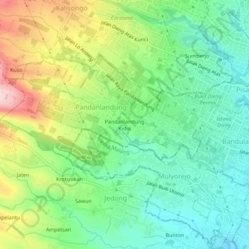 Mapa topográfico Pandanlandung Kidul, altitud, relieve