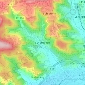 Mapa topográfico Schornbach, altitud, relieve