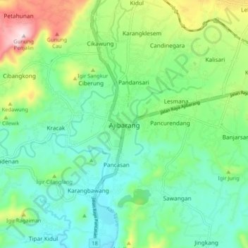 Mapa topográfico Ajibarang, altitud, relieve