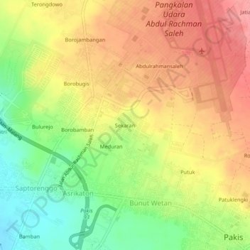 Mapa topográfico Sekaran, altitud, relieve