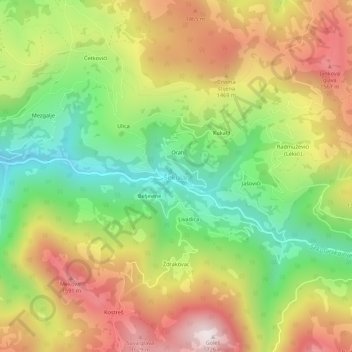 Mapa topográfico Šekular, altitud, relieve