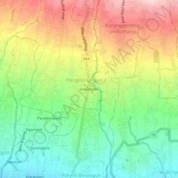 Mapa topográfico Sawungan, altitud, relieve
