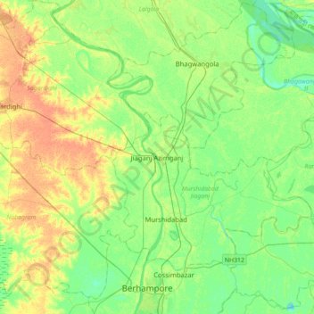 Mapa topográfico Jiaganj Azimganj, altitud, relieve