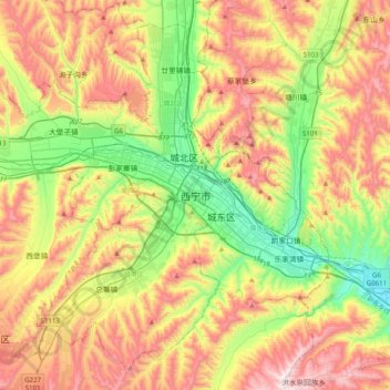 Mapa topográfico Xiníng, altitud, relieve