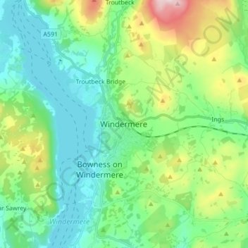 Mapa topográfico Windermere, altitud, relieve
