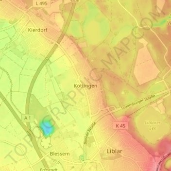 Mapa topográfico Köttingen, altitud, relieve