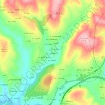 Mapa topográfico Espiñarcao, altitud, relieve