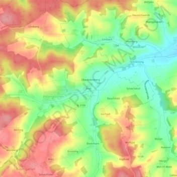 Mapa topográfico Priel, altitud, relieve