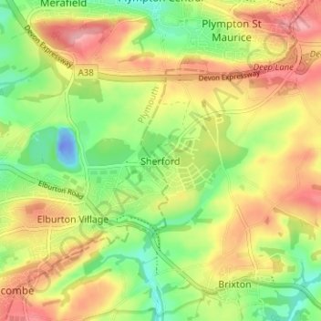 Mapa topográfico Sherford, altitud, relieve