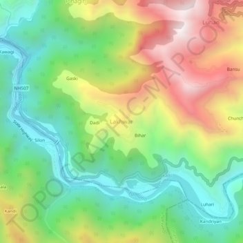 Mapa topográfico Lakhwar, altitud, relieve