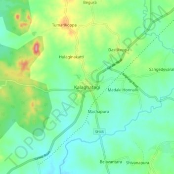 Mapa topográfico Kalaghatagi, altitud, relieve