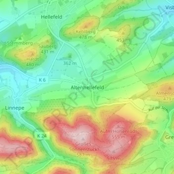 Mapa topográfico Altenhellefeld, altitud, relieve