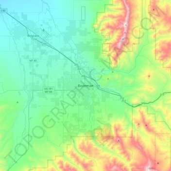 Mapa topográfico Bozeman, altitud, relieve