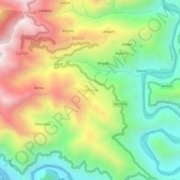 Mapa topográfico Lakhwar, altitud, relieve