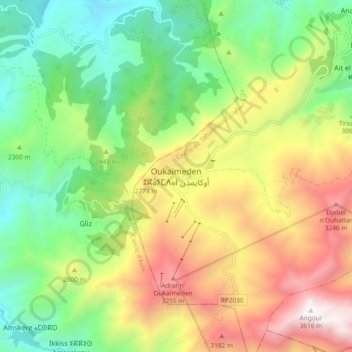 Mapa topográfico Oukaimeden, altitud, relieve