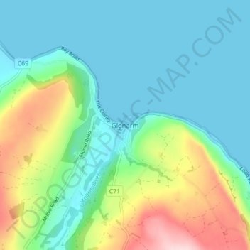 Mapa topográfico Glenarm, altitud, relieve