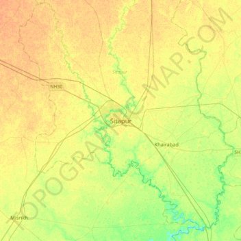 Mapa topográfico Sitapur, altitud, relieve