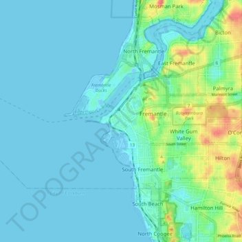 Mapa topográfico Fremantle, altitud, relieve