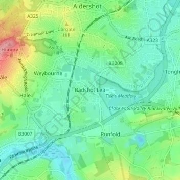 Mapa topográfico Badshot Lea, altitud, relieve
