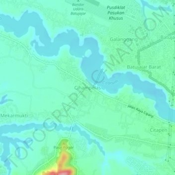 Mapa topográfico Cihampelas, altitud, relieve