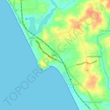 Mapa topográfico Bekal, altitud, relieve